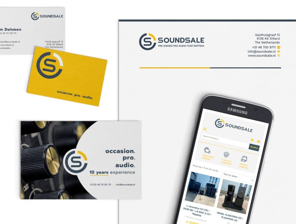 Rebranding merkidentiteit audiobedrijf visitekaart, website, thankyou card, briefpapier